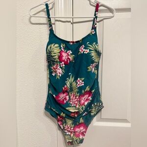 Kona Sol Teal Floral One-Piece Swimsuit with Pink Hibiscus